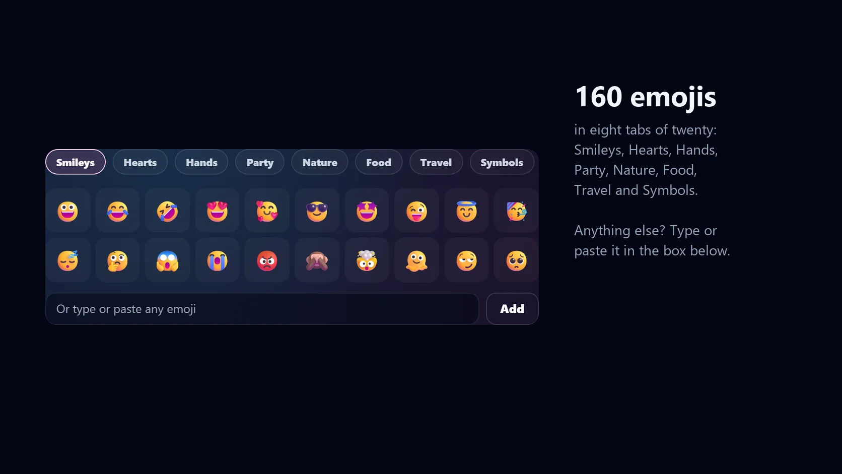The emoji palette of the tool: eight category tabs from Smileys to Symbols and a grid of smiley emojis, with a box to type or paste any emoji