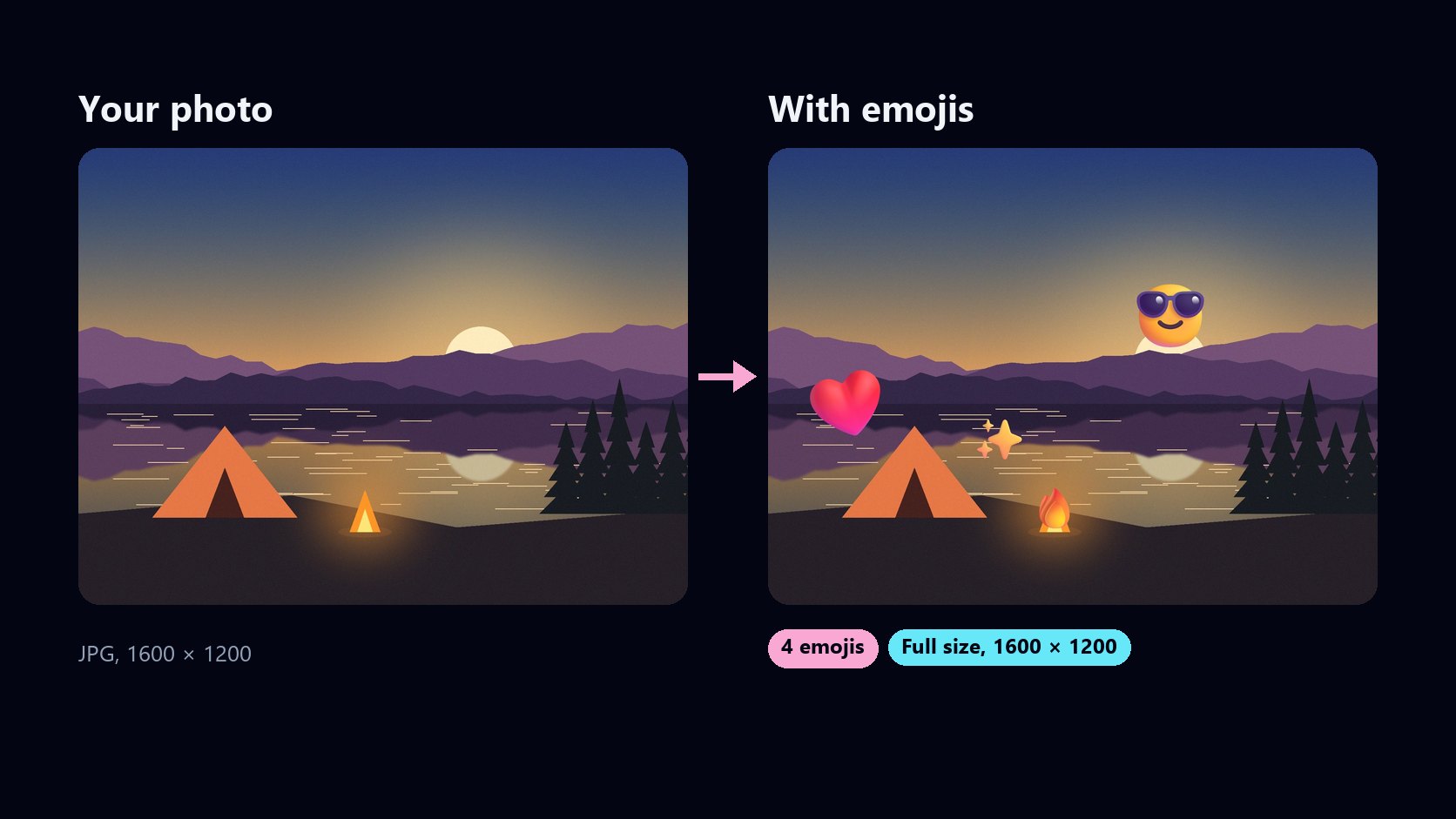 A lakeside camp photo at sunset without emojis next to the same photo with sunglasses on the sun, a heart by the tent, sparkles on the lake and fire on the campfire