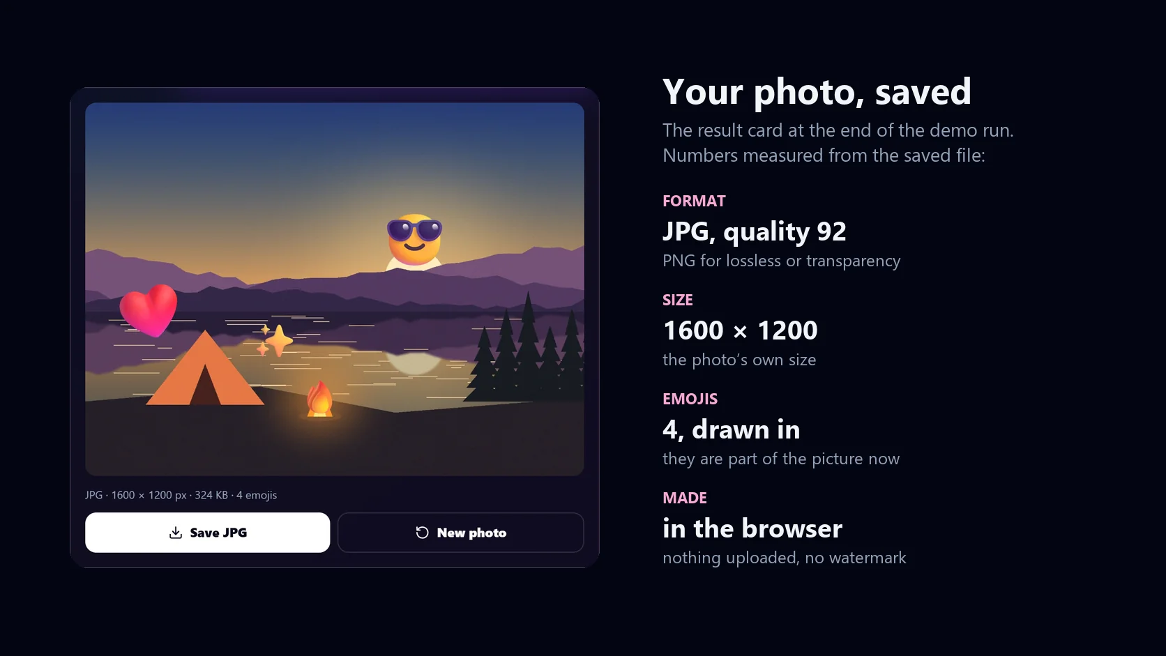 The result card after saving: the camp photo with emojis on it, its size and format, and Save JPG and New photo buttons