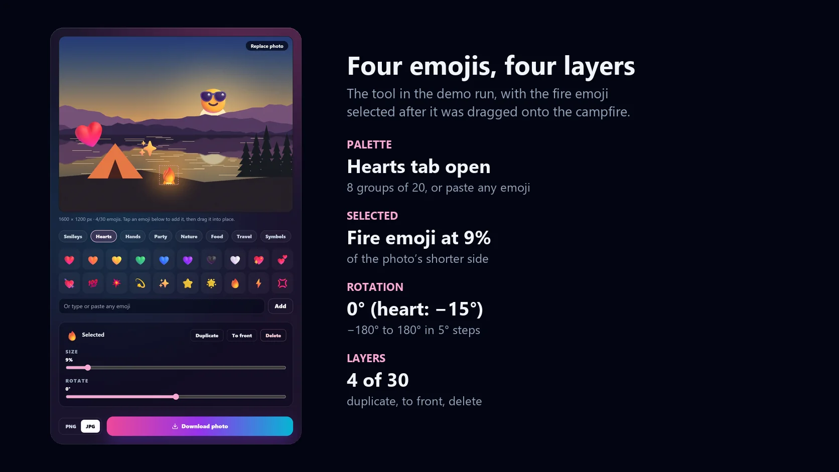 The add emoji to photo tool with four emojis on the camp photo, the Hearts palette open and the size and rotation controls for the selected emoji
