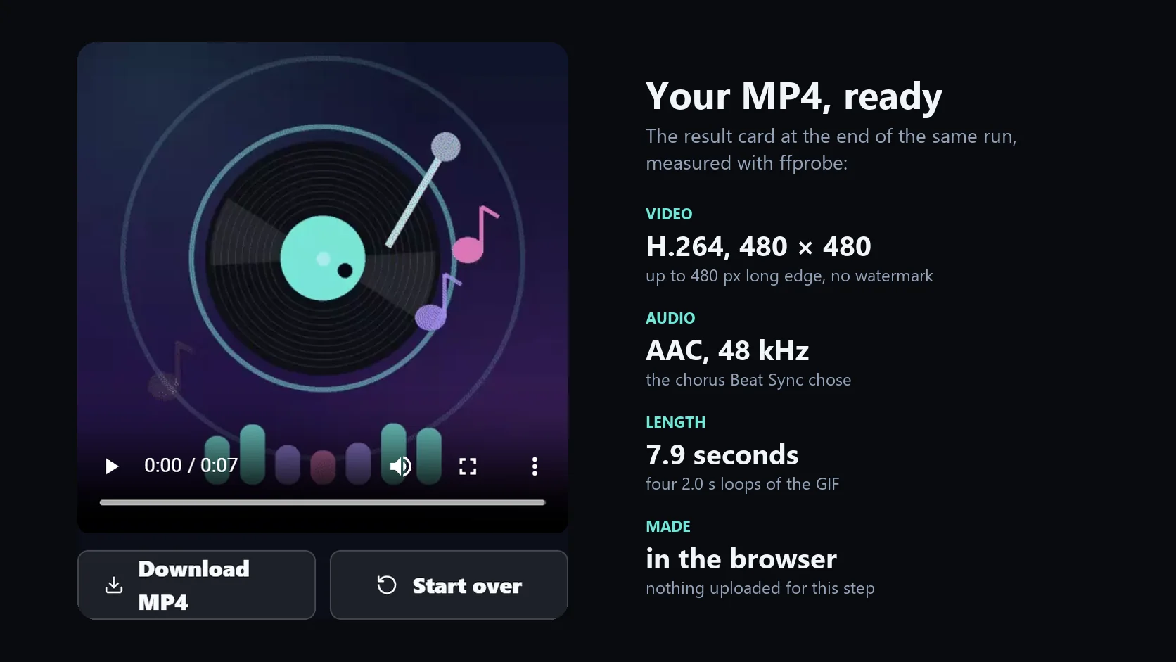 The result card after generating: the finished MP4 playing in the page with Download MP4 and Start over buttons