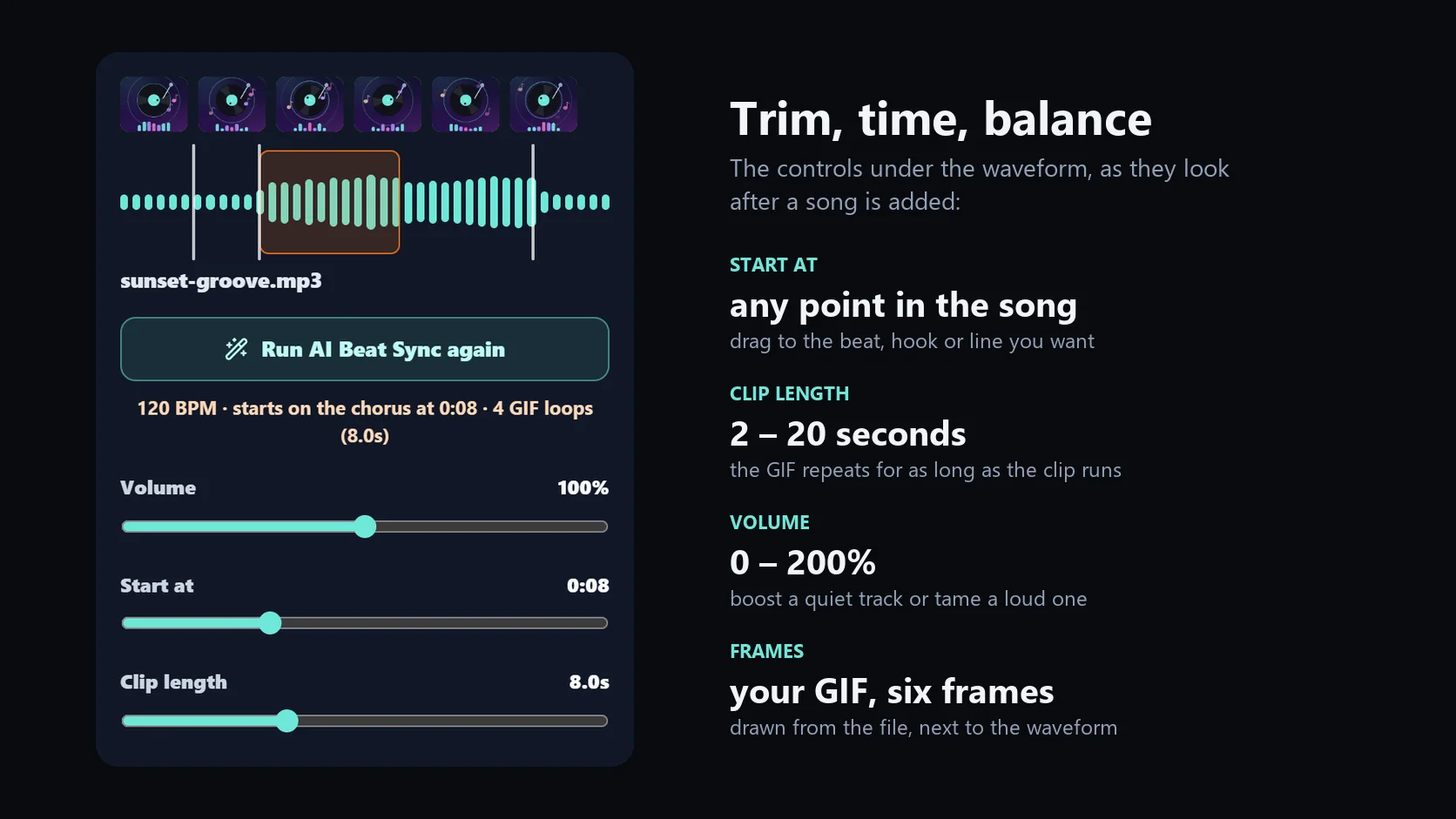 The tool's music panel with six GIF frames, the song waveform with the chosen window, and the Volume, Start at and Clip length controls