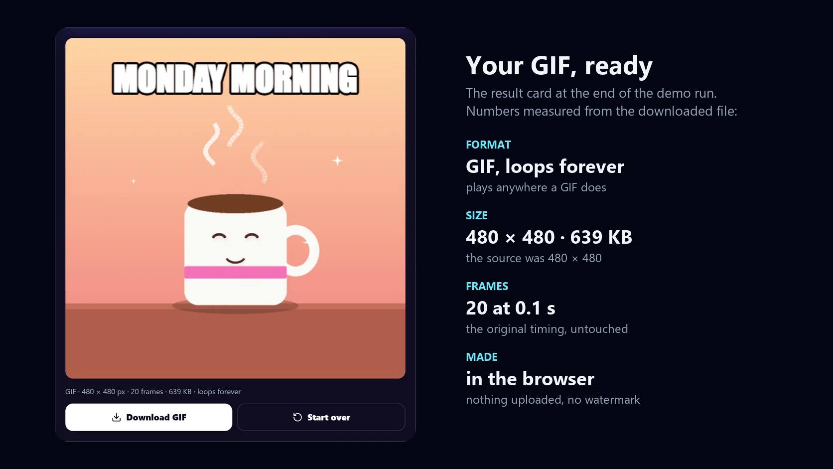 The result card after making the GIF: the captioned coffee mug GIF playing, with Download GIF and Start over buttons