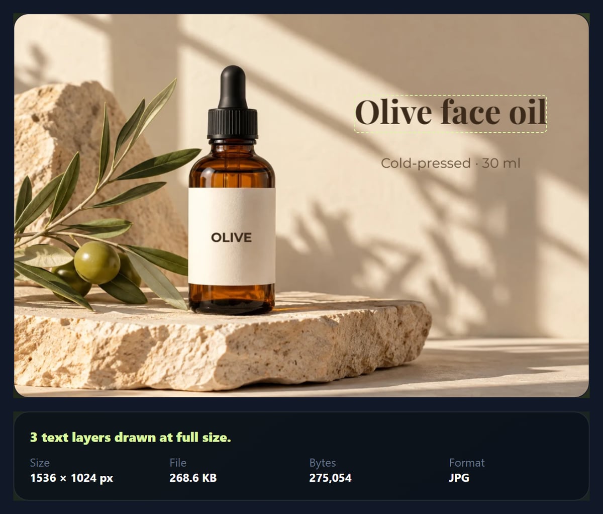 The add text to photo tool with a headline, subline and bottle label on a product photo