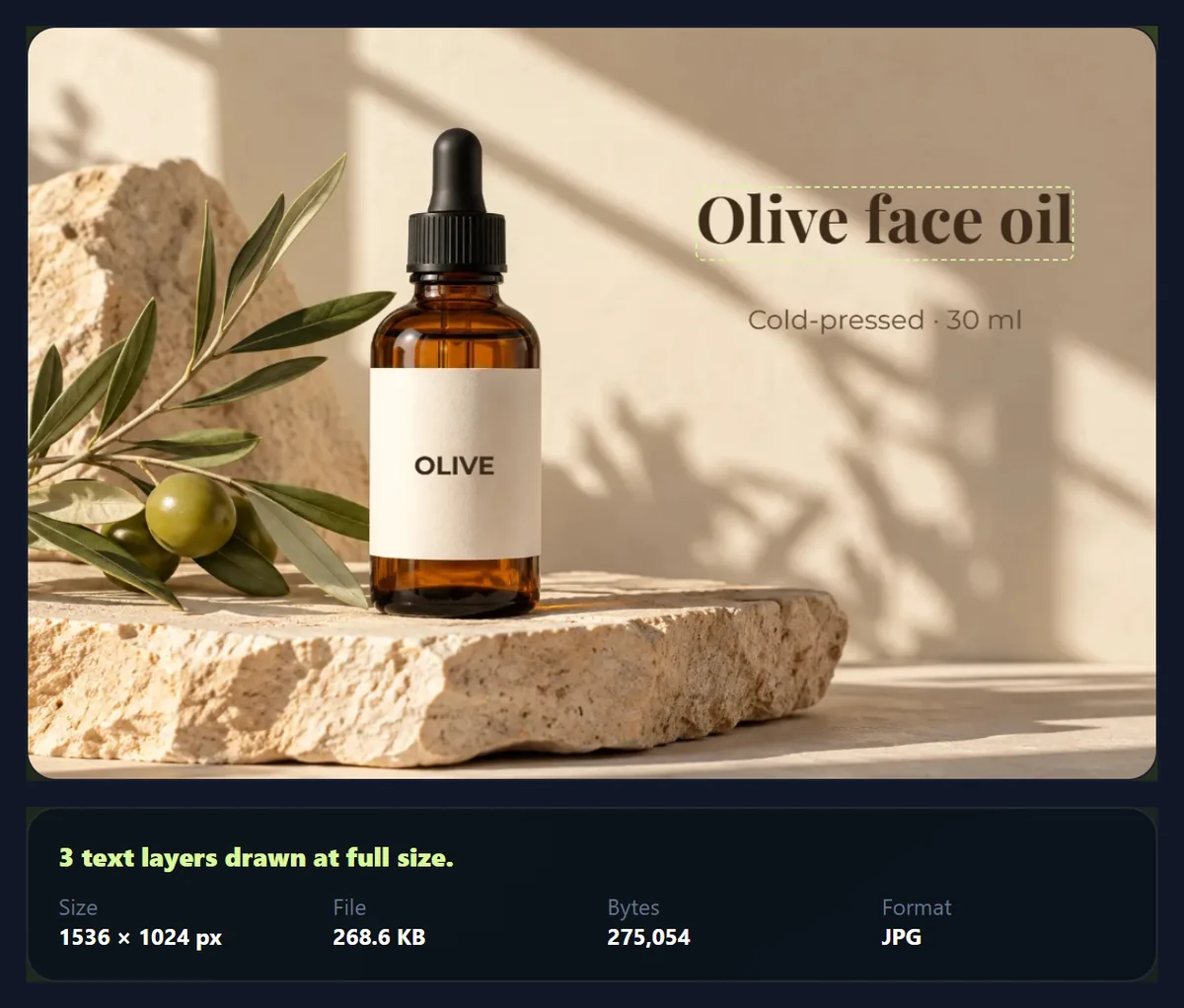 The add text tool with a headline, a subline and a bottle label on the product photo