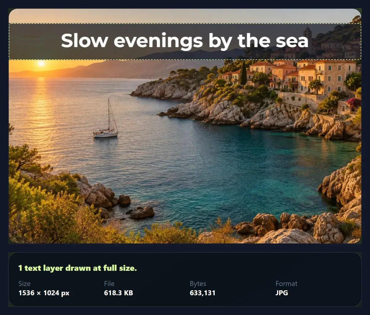 A sunset cove photo with the caption Slow evenings by the sea in a dark band across the top