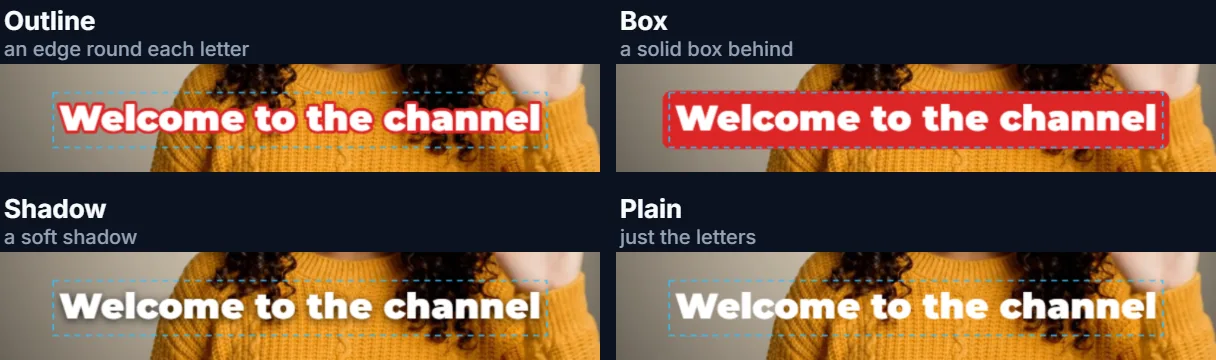 The caption Welcome to the channel in the four styles: outline, a red box, a soft shadow and plain