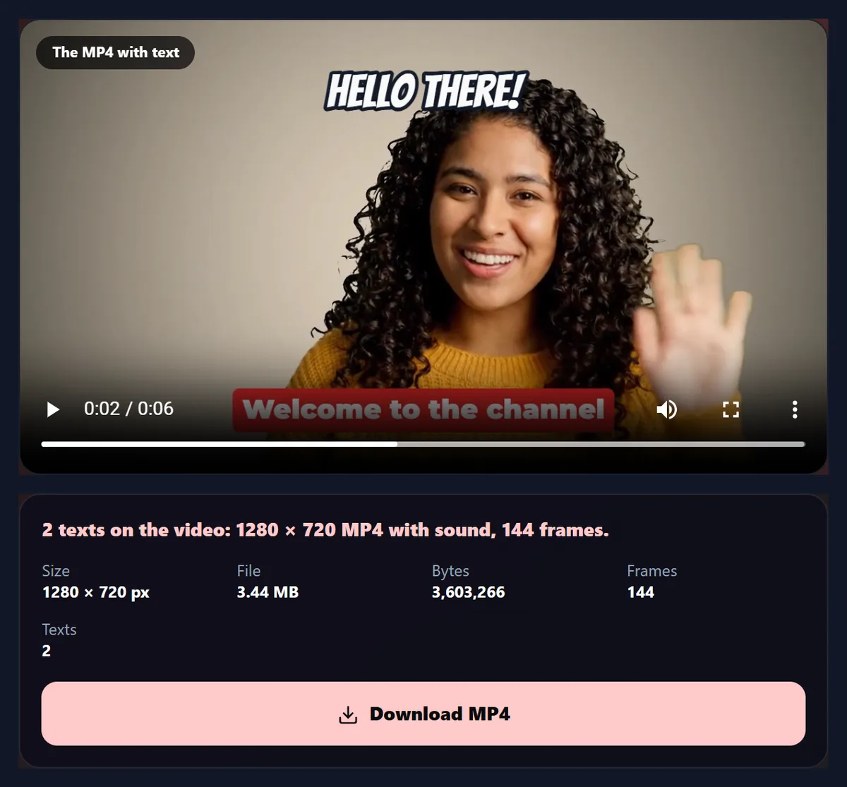 The add text to video tool with the finished MP4: the waving woman with Hello there! at the top and Welcome to the channel in a red box at the bottom