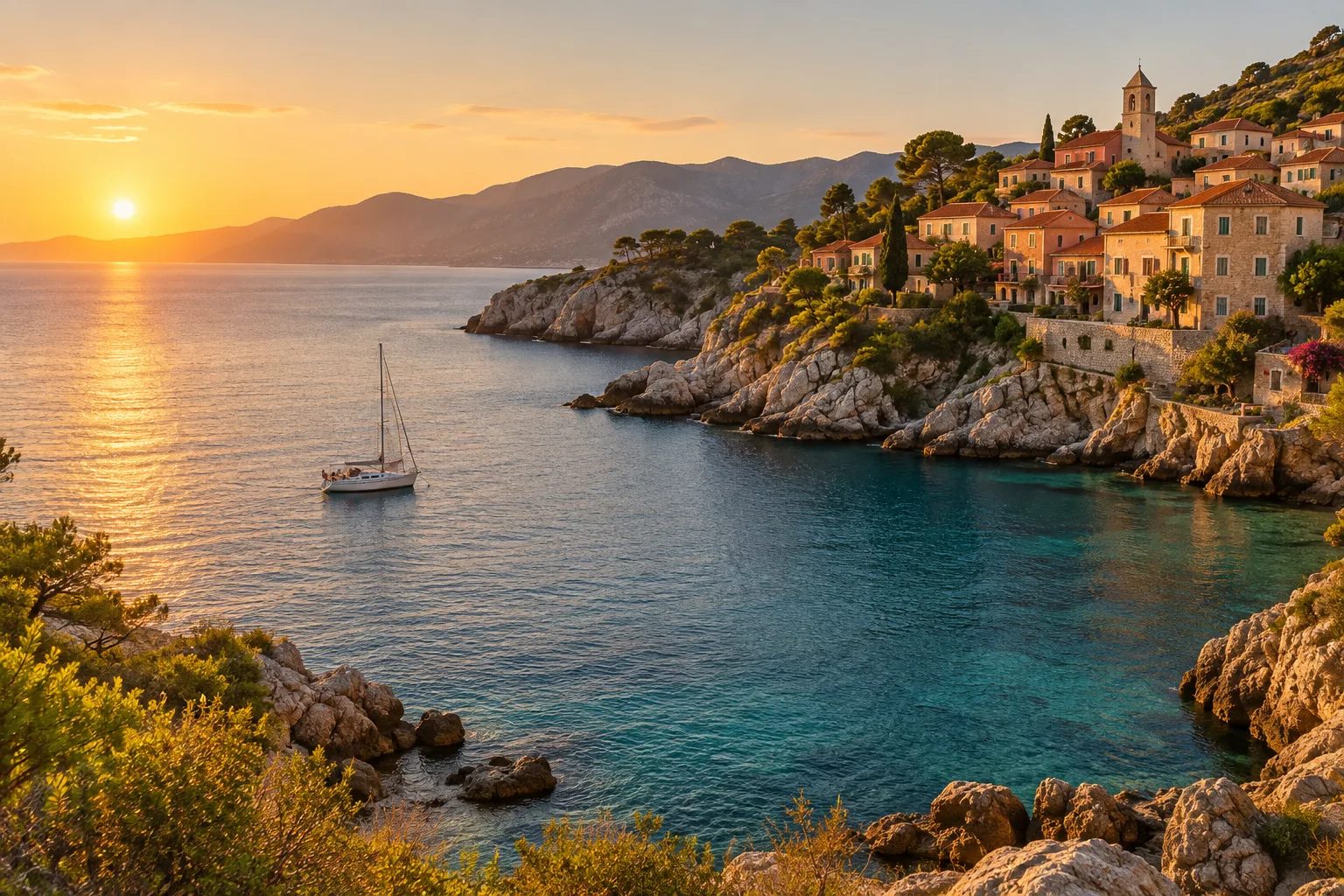 Unwatermarked sample photograph of a Mediterranean cove at sunset