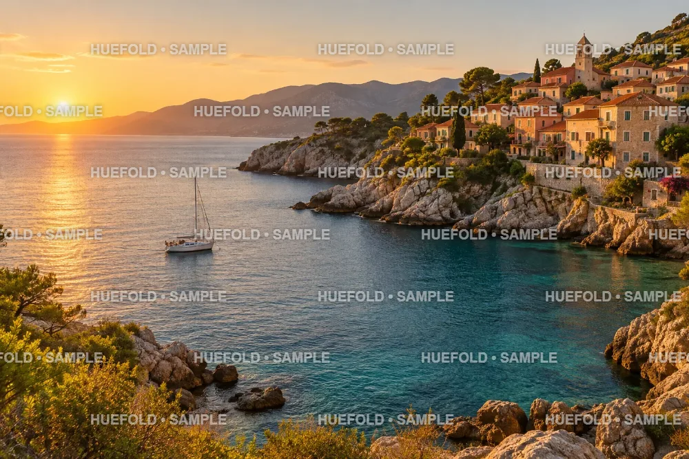 The sample cove photograph with repeated HUEFOLD SAMPLE text at 48 percent opacity