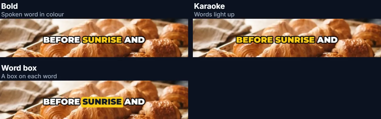 The same caption in three word styles: SUNRISE in yellow, BEFORE SUNRISE in yellow, and SUNRISE on a yellow box with dark text