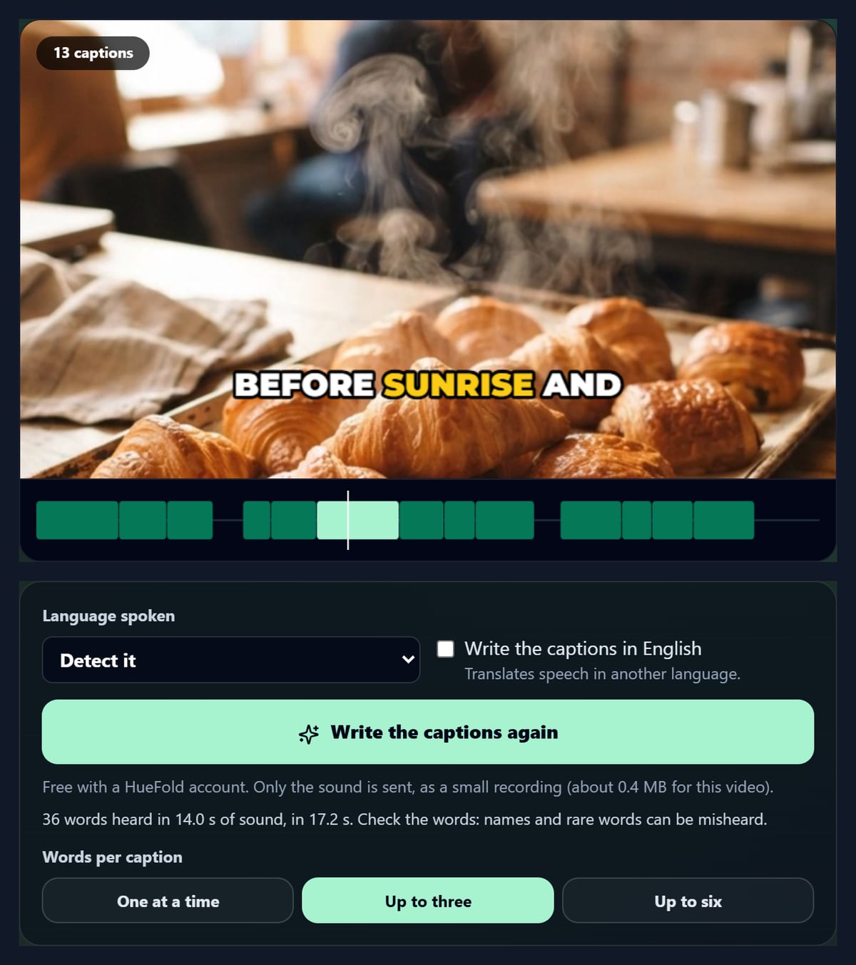 A café video with a bold word-by-word caption written by AI, and the AI captions panel