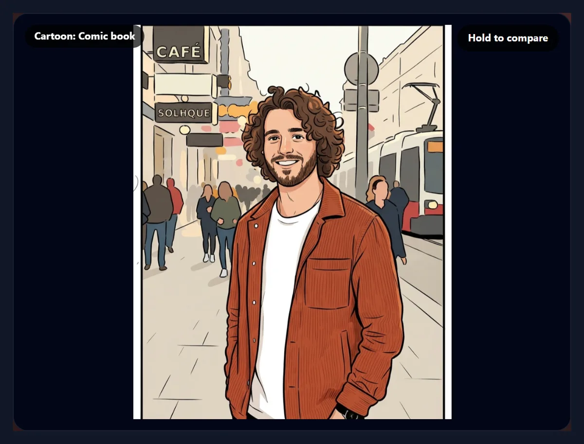 The street portrait redrawn as a comic book panel with ink outlines and flat colours