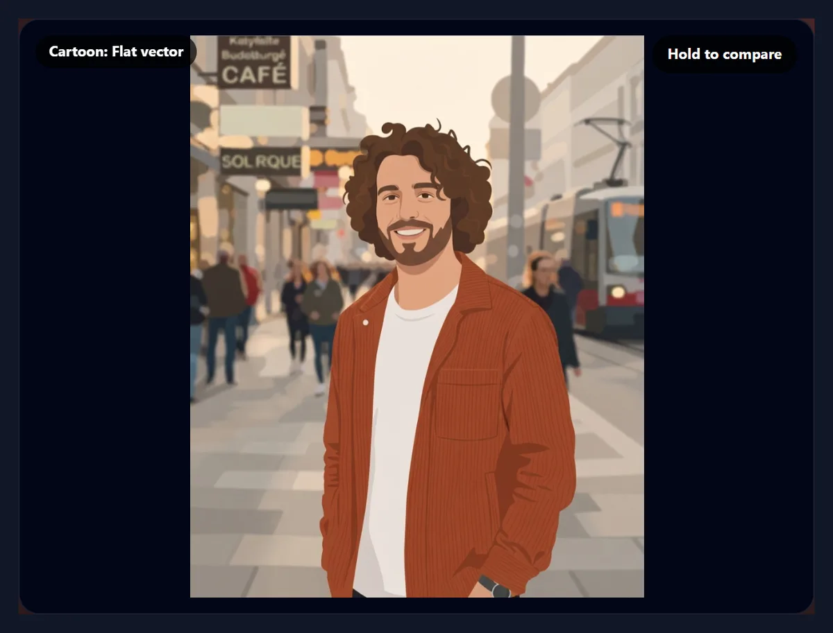 The street portrait with the person flattened into simple vector shapes