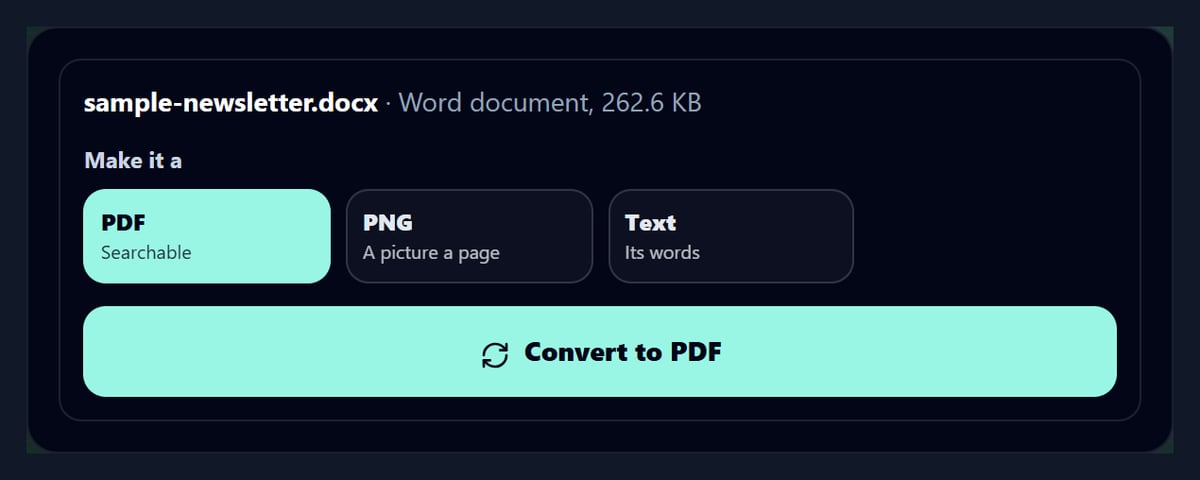 The AI Converter with a Word document dropped in and its formats to choose from