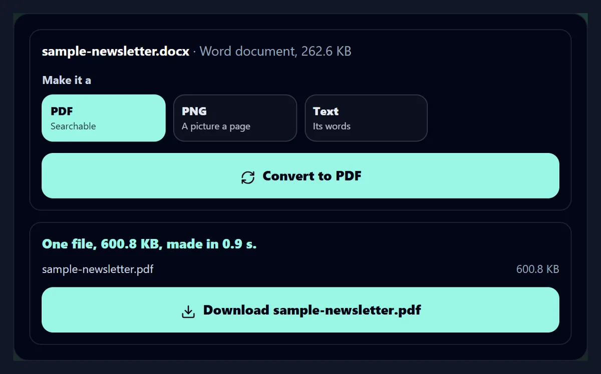 The result under the converter: One file, 600.8 KB, made in 0.9 s, sample-newsletter.pdf, and a Download sample-newsletter.pdf button