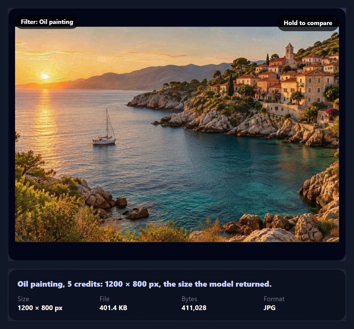 The AI filter tool showing the coastal photo as an oil painting and its result panel