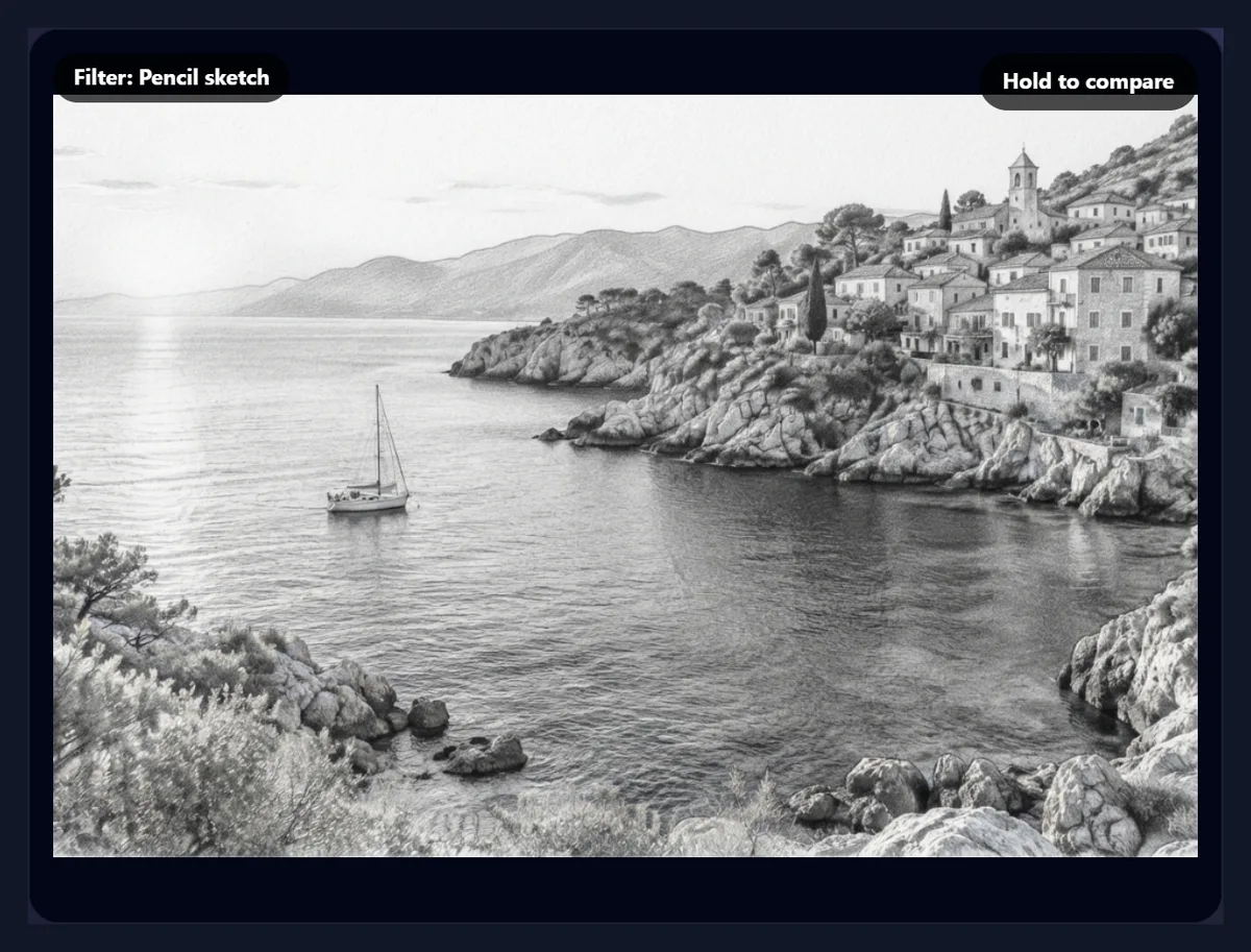 The coastal photo turned into a grey graphite pencil sketch in the tool preview