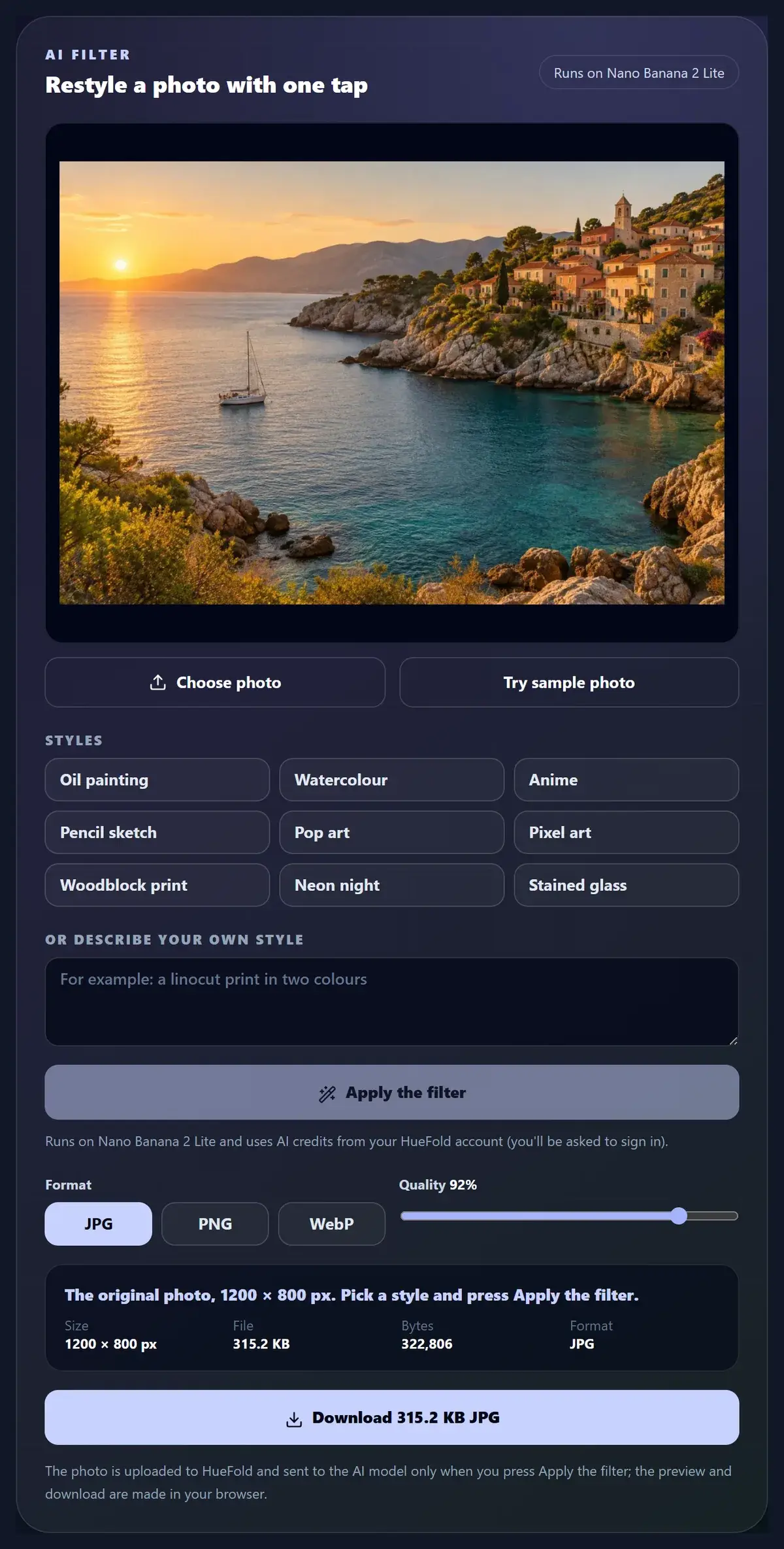 The AI filter tool with its nine styles