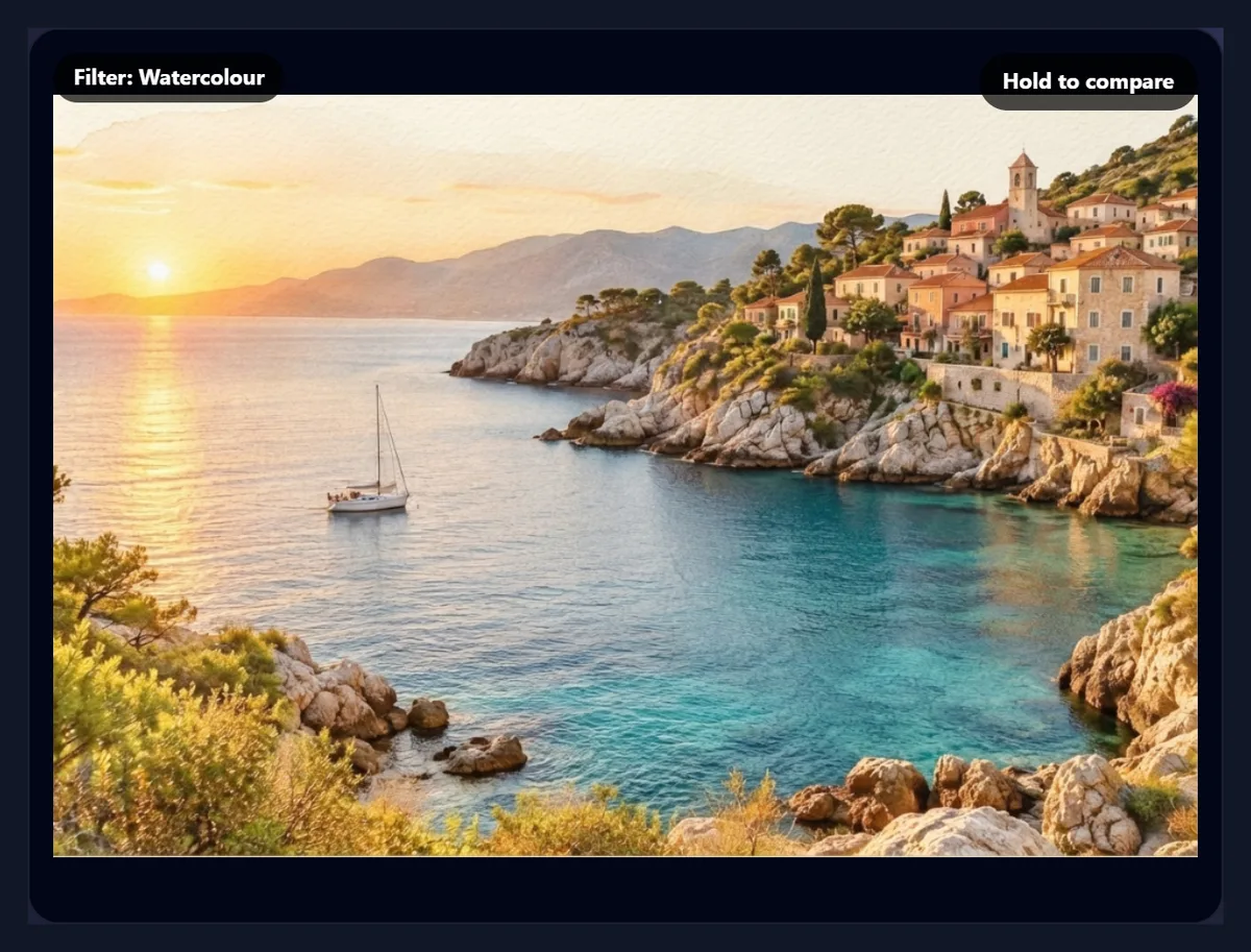 The coastal photo with a light watercolour look, softer and paler than the original