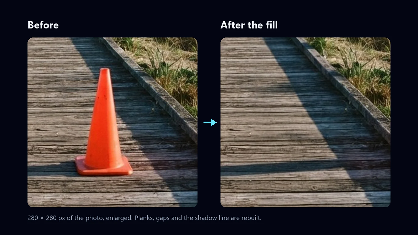 Close-up of the boardwalk from the demo: on the left the orange traffic cone, on the right the same planks after generative fill with the cone gone