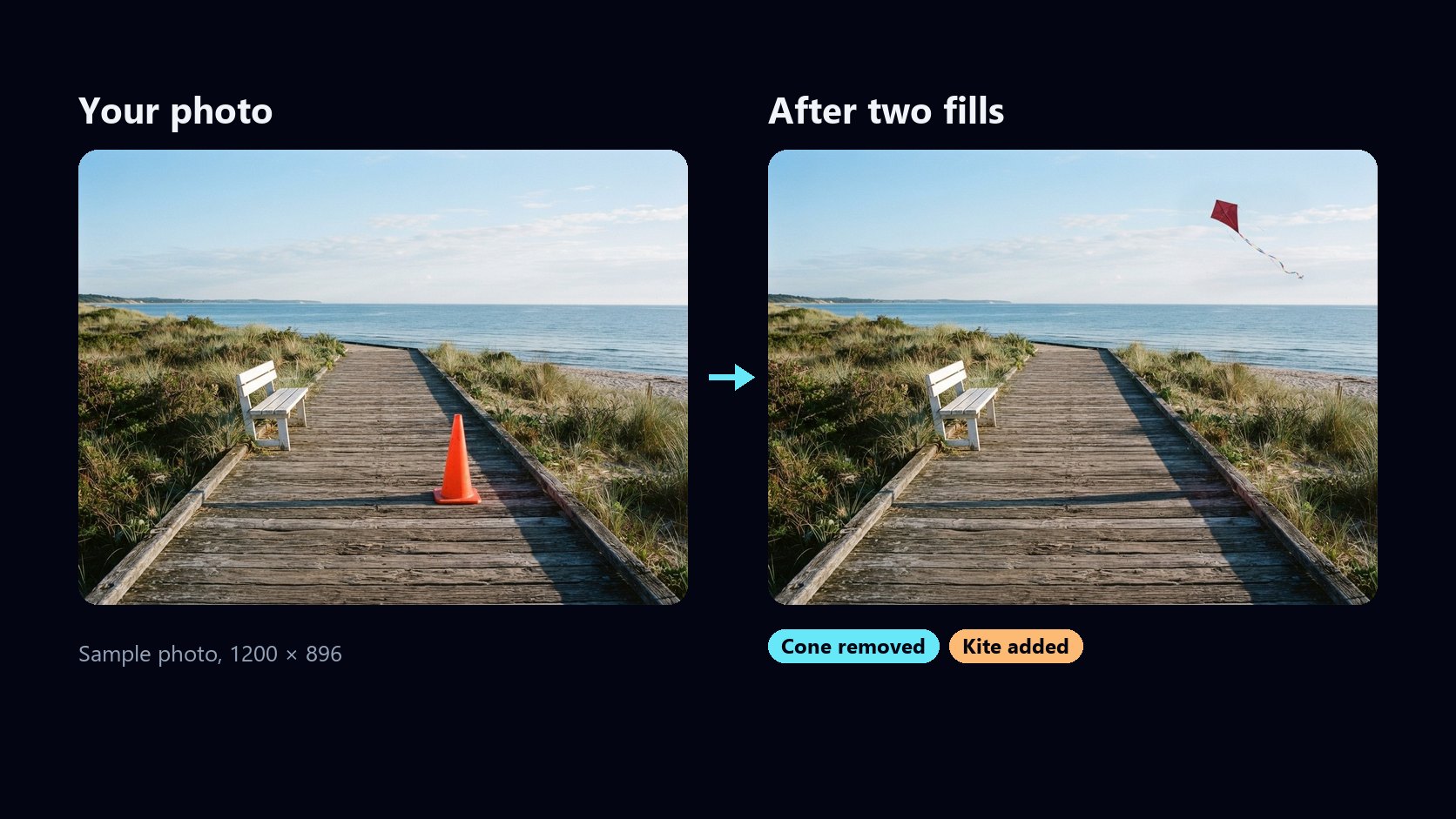 A boardwalk photo with an orange traffic cone, next to the same photo after generative fill: the cone removed and a red kite added to the sky
