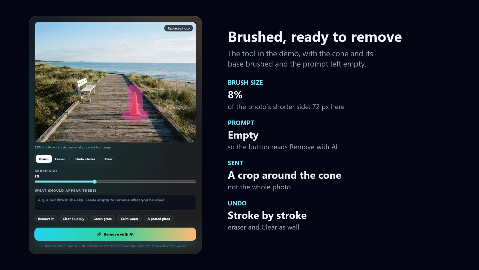 The generative fill tool with the traffic cone brushed over in pink, the brush size set to 8% and the prompt box empty