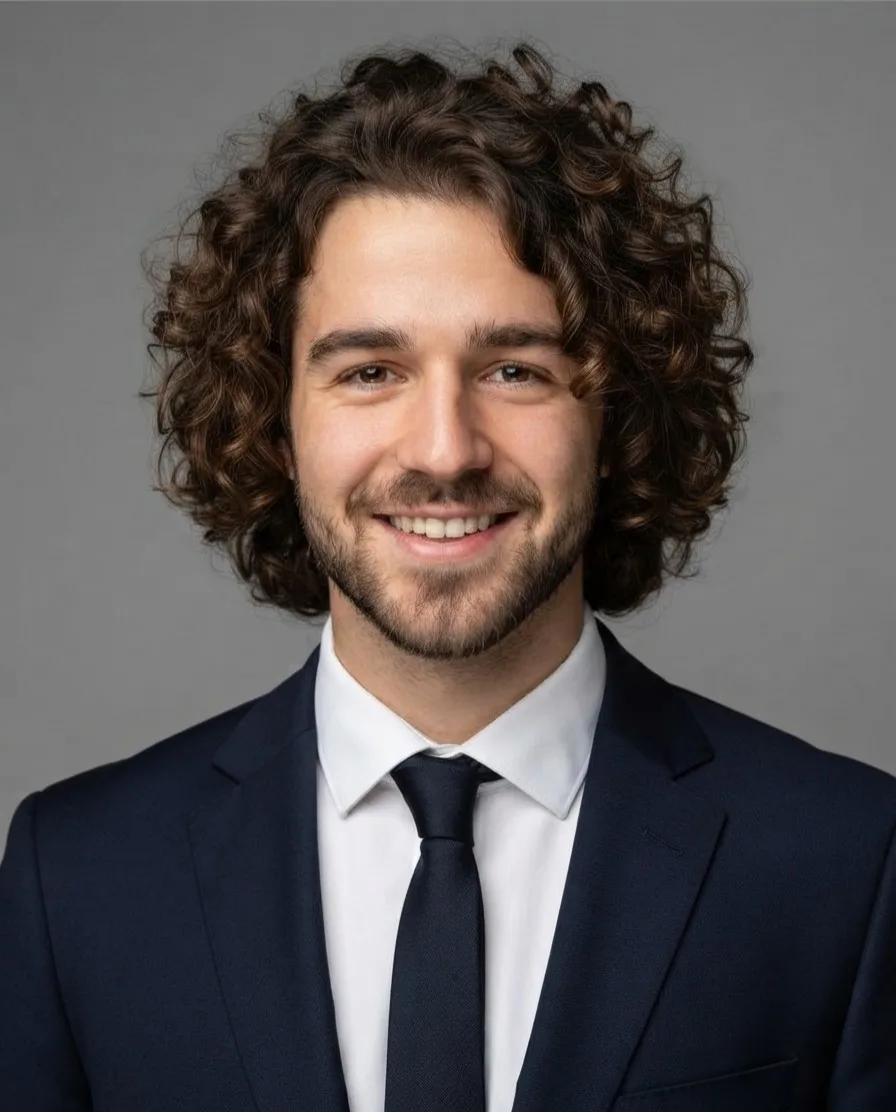 A corporate headshot in a navy suit and tie on grey