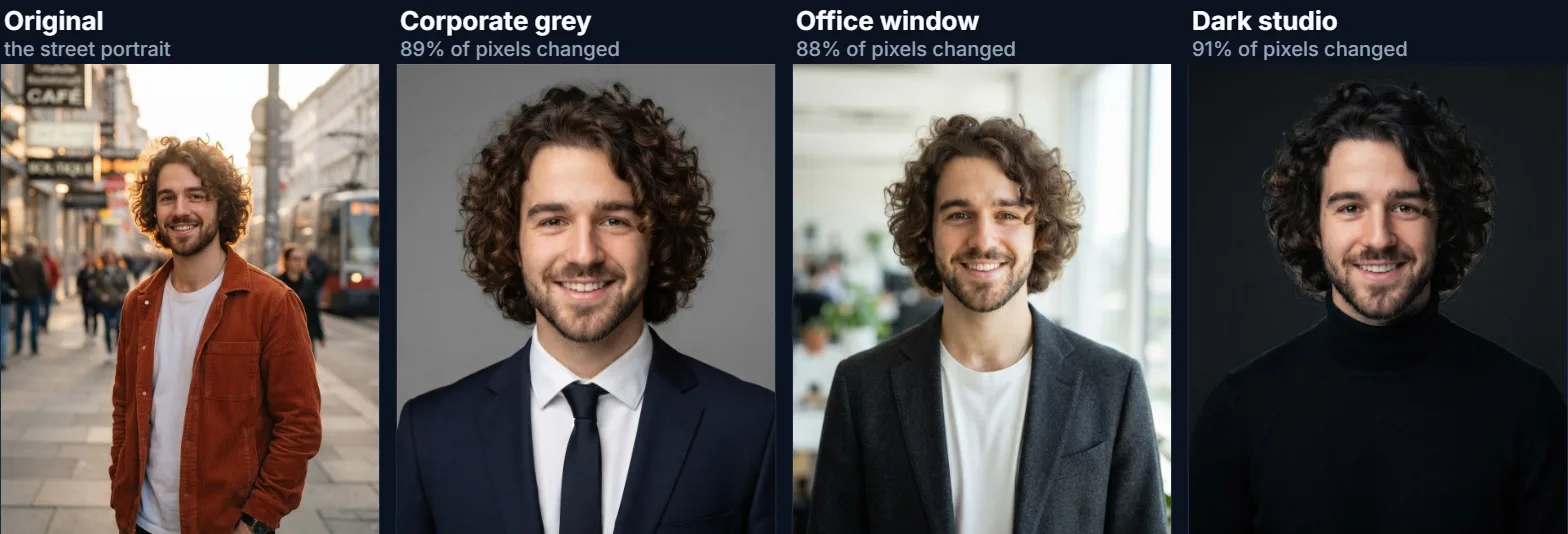 The street portrait and three headshots: corporate grey, office window and dark studio
