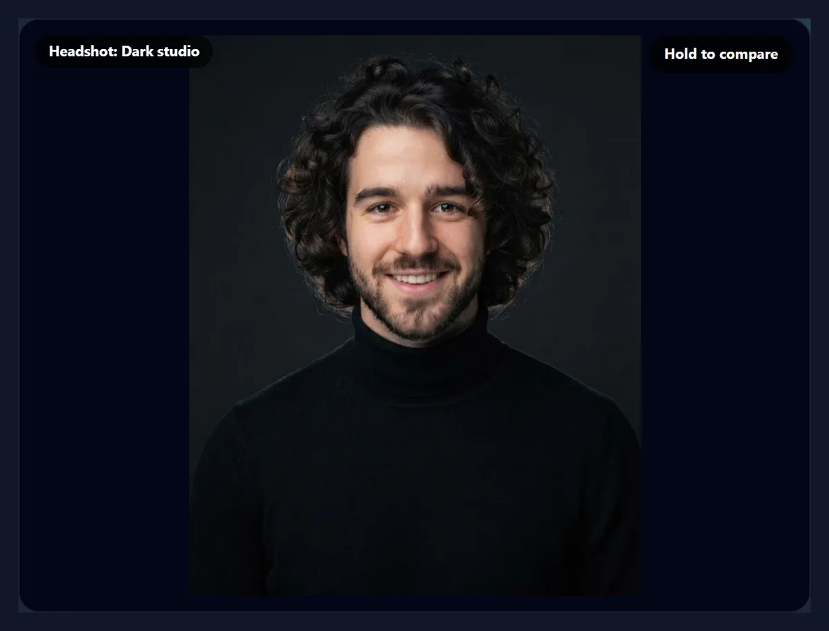 A headshot of the same man in a black turtleneck against a dark charcoal backdrop