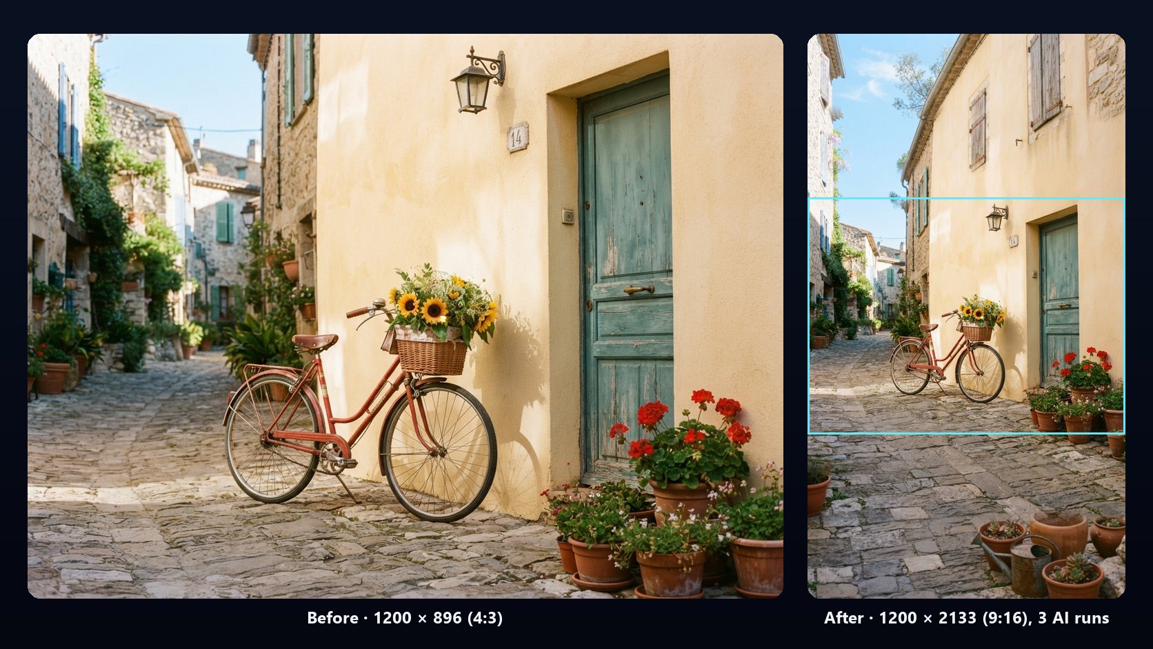 The 4:3 sample photo of a red bicycle in a sunny cobbled street, next to the same photo expanded by AI to a tall 9:16 story with more street, wall and sky above and below