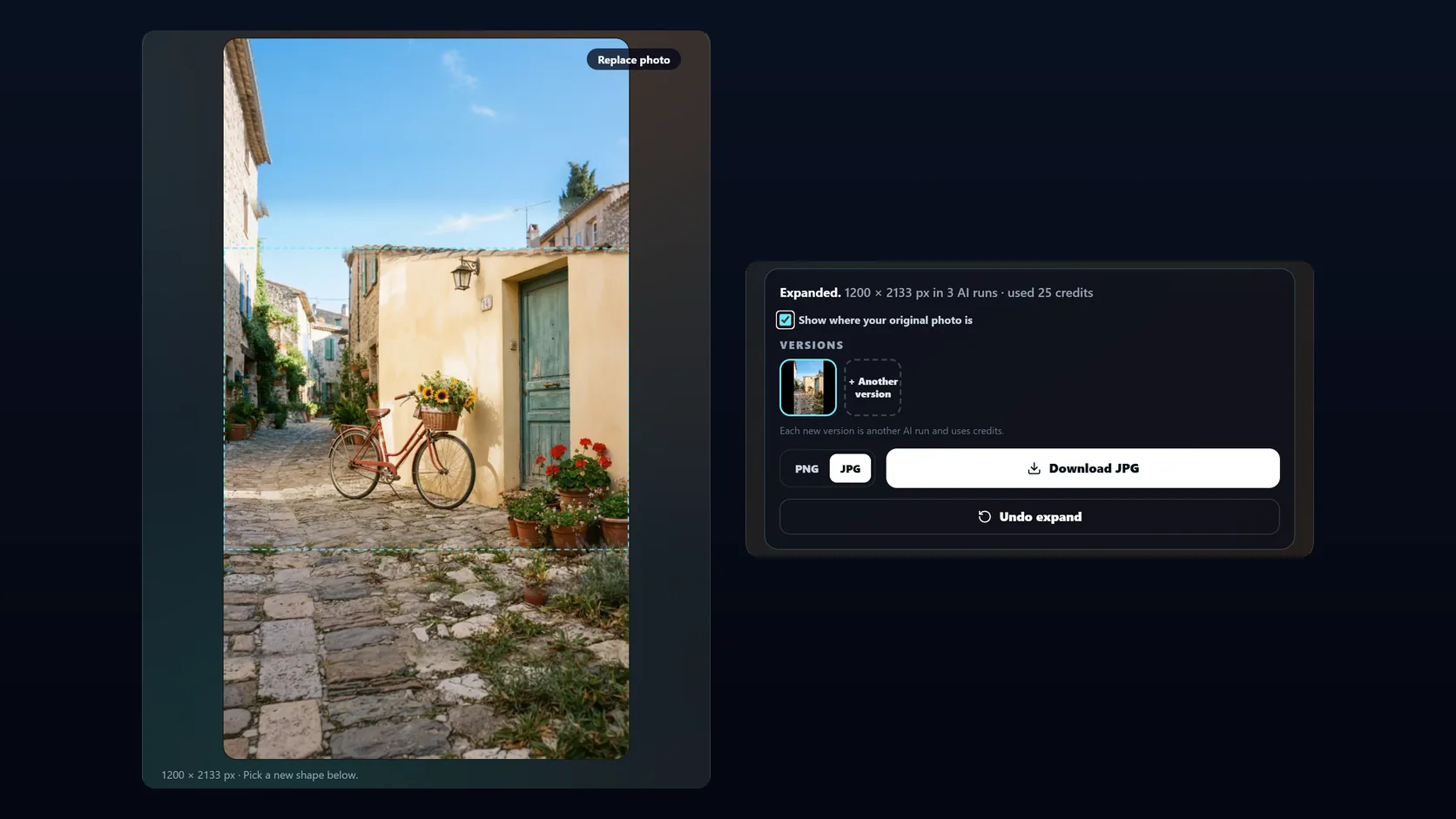 The expander tool after expanding the sample to 9:16: the expanded picture with the original photo outlined, and the result panel reading 1200 × 2133 px in 3 AI runs, used 25 credits, with versions, PNG and JPG, Download JPG and Undo expand