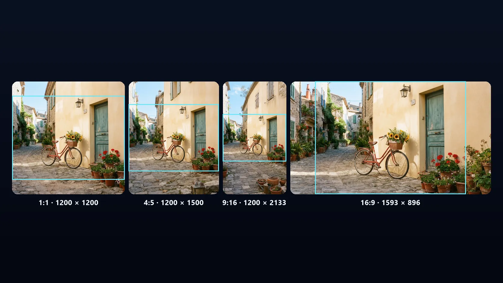 The sample street photo expanded by the tool to four shapes side by side: square 1:1, portrait 4:5, story 9:16 and banner 16:9, each with the original photo outlined