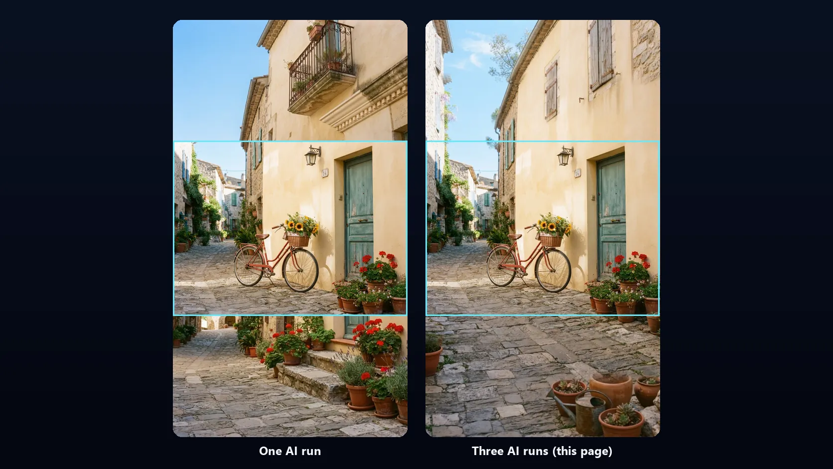 Two 9:16 expansions of the sample street photo side by side: on the left, made in one AI run, with a different scene stacked above and below the photo and straight seams; on the right, made in three runs, one continuous street