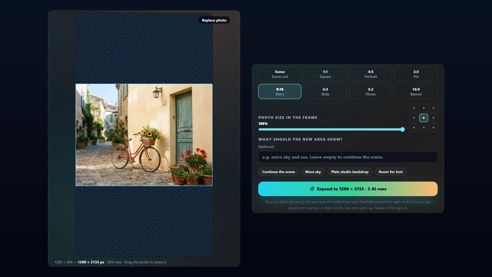 The image expander tool with the sample photo centred in a tall 9:16 frame, the new area striped above and below it, and the controls: 9:16 selected, photo size 100%, the position pad, the prompt box and the Expand to 1200 × 2133 · 3 AI runs button