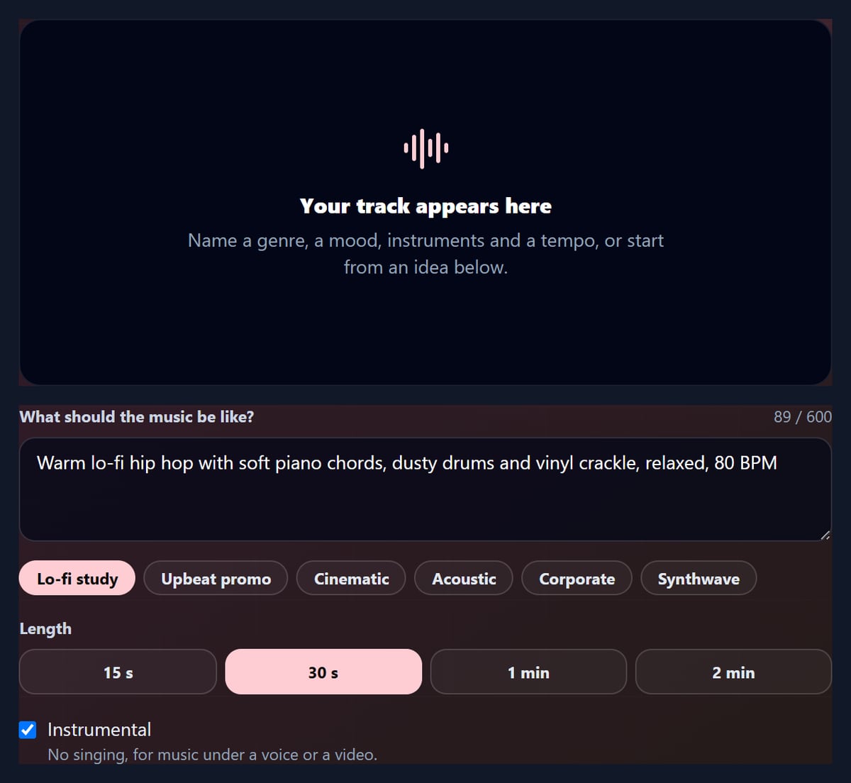 The AI music generator with an empty stage reading Your track appears here, a lo-fi hip hop description, idea buttons, lengths from 15 seconds to 2 minutes with 30 seconds chosen, and Instrumental ticked