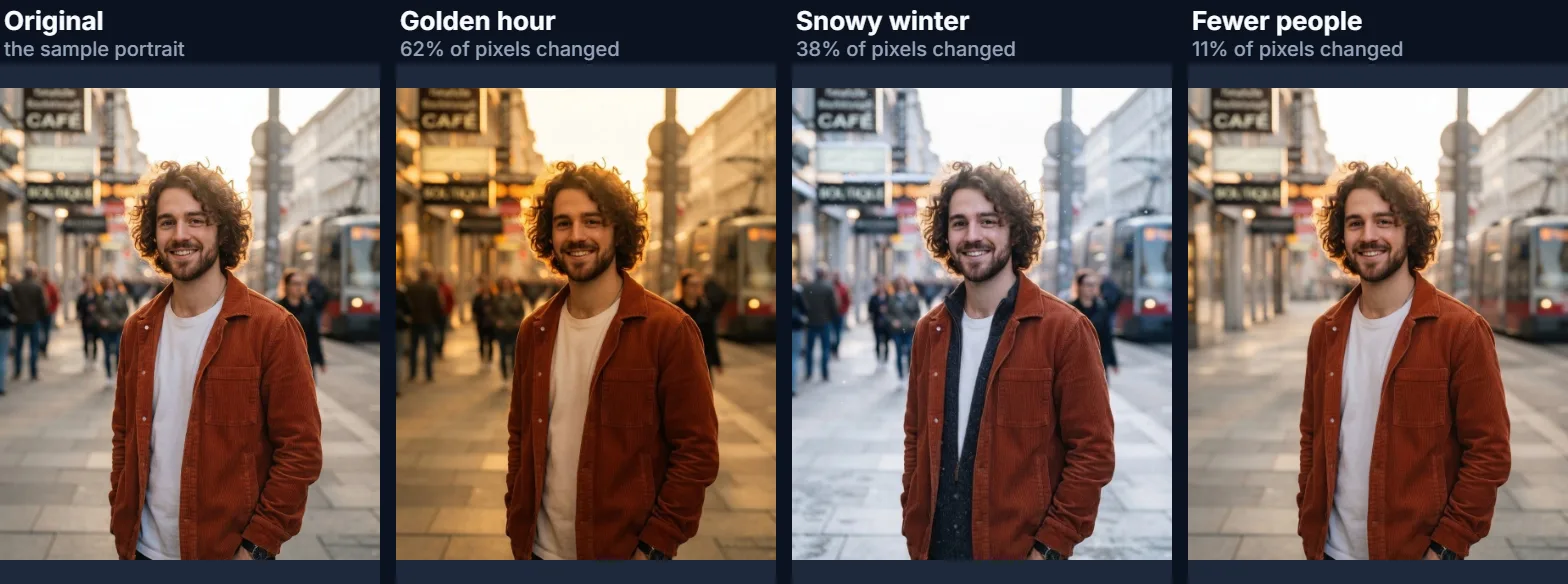 The original street portrait and three AI edits side by side