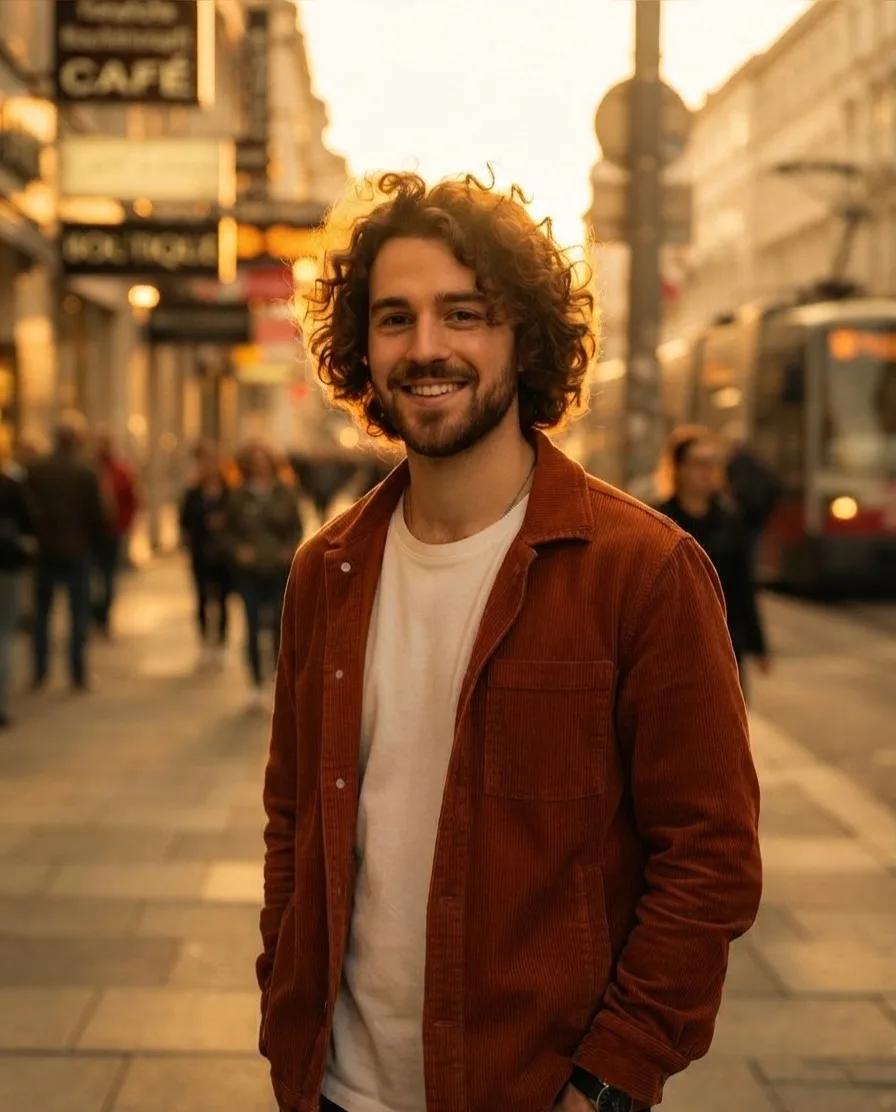 A smiling man in a rust jacket on a city street in warm evening light