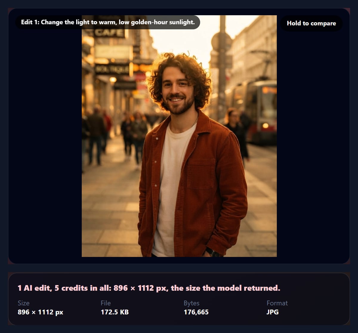 The AI photo editor with a street portrait relit in warm golden-hour light