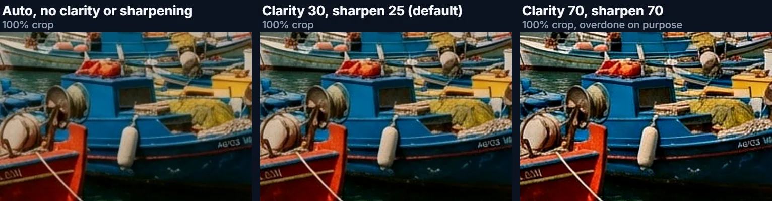 A crop of boats after Auto with no clarity or sharpening, with the defaults, and with both at 70