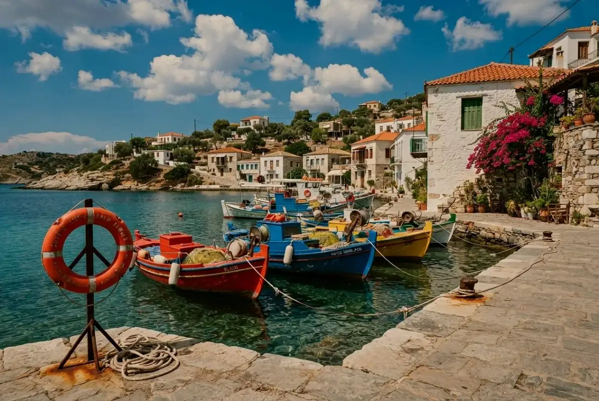 The harbour photo after enhancement, with blue water and white houses restored