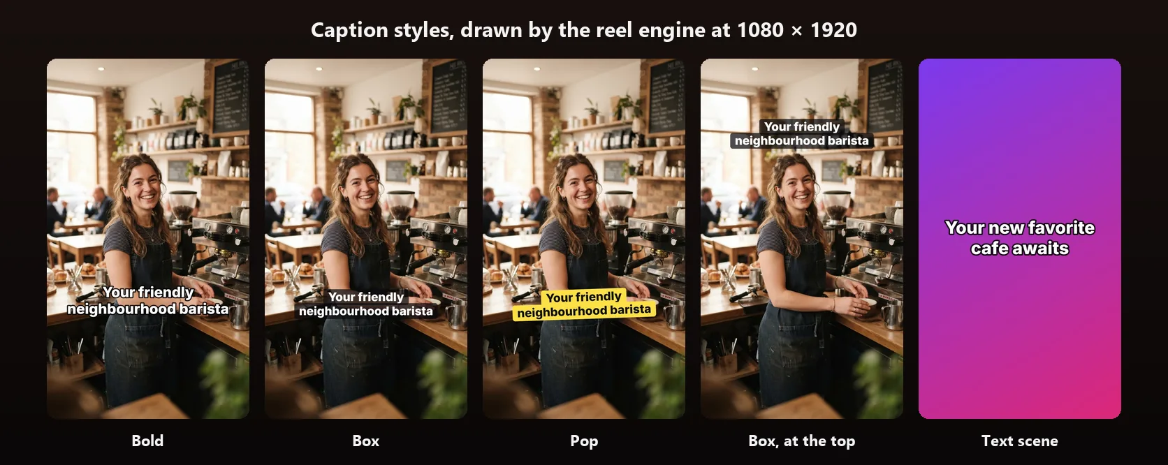 The same café photo with the caption Your friendly neighbourhood barista in the Bold, Box and Pop styles and in Box at the top, and a purple to pink text scene reading Your new favorite cafe awaits