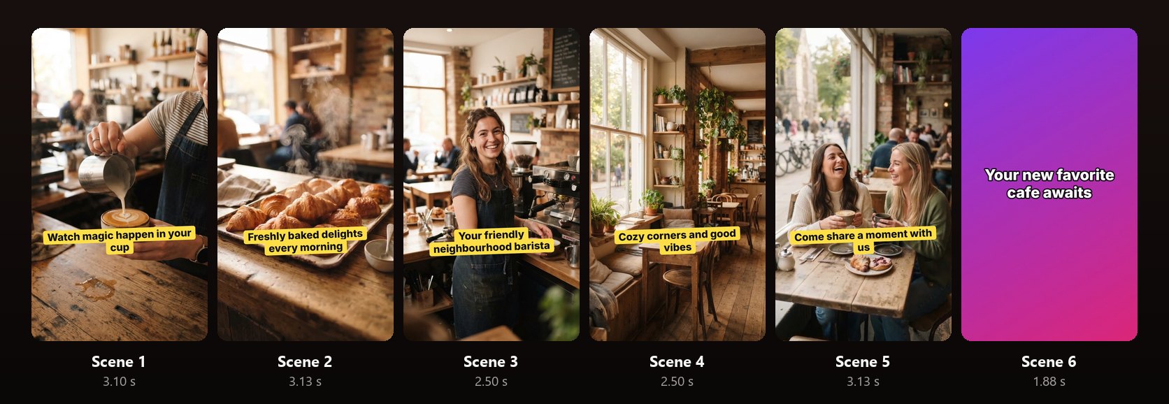 Six frames from the reel the demo made, one per scene: latte art, croissants, a smiling barista, a cosy café interior and two friends laughing, each with a yellow Pop caption, and a purple closing card reading Your new favorite cafe awaits
