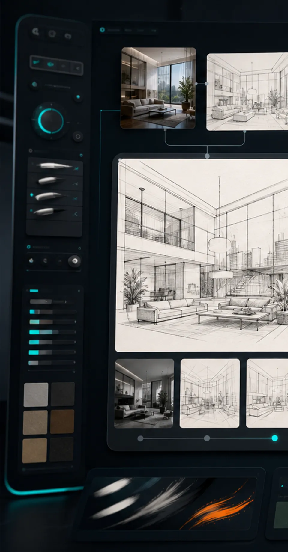 Interior architecture pencil perspective with a modern living room and large windows