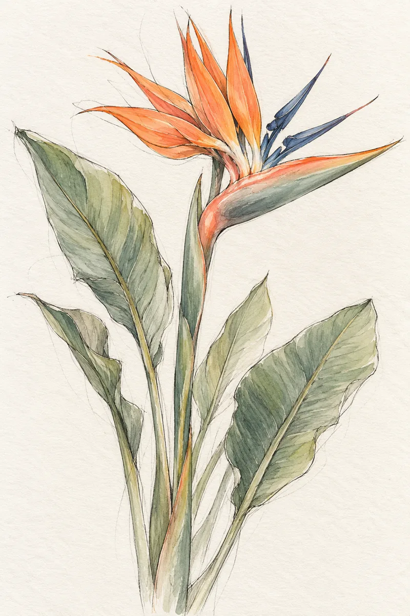 Illustrative botanical sketch of a bird-of-paradise flower with ink lines and soft watercolour washes