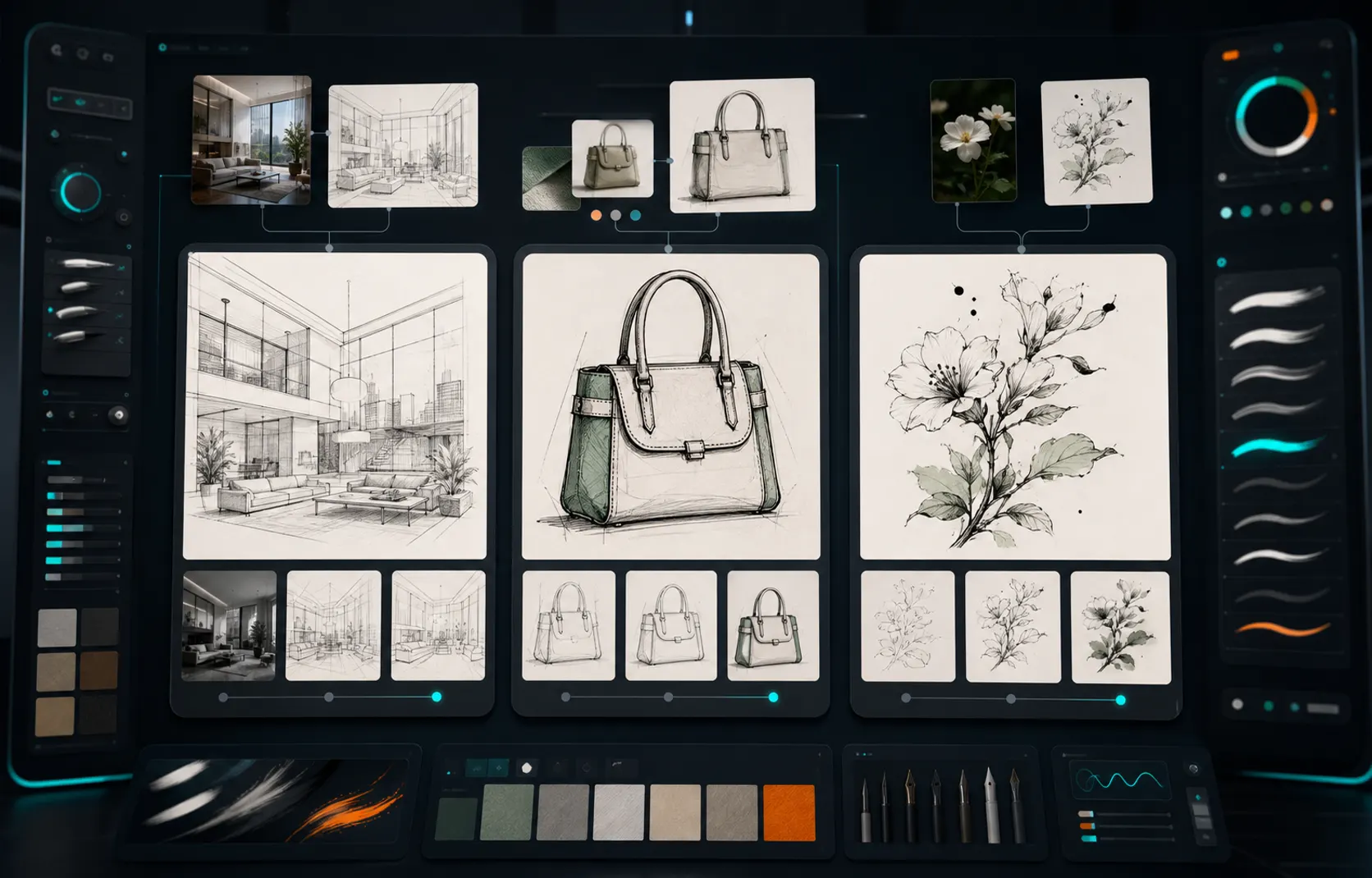 AI sketch concept board with an interior perspective, handbag product study and botanical ink drawing