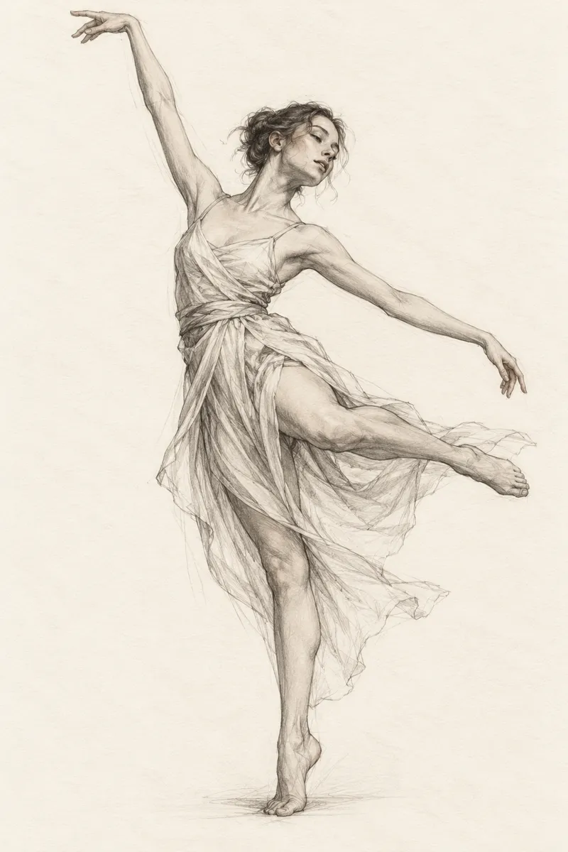 Graphite figure study of a dancer in a flowing costume with visible construction lines