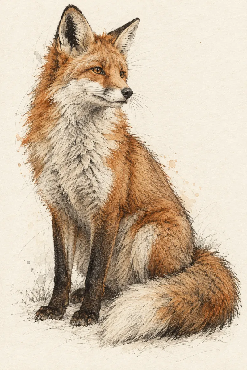 Ink and watercolour sketch of a seated fox on warm white paper