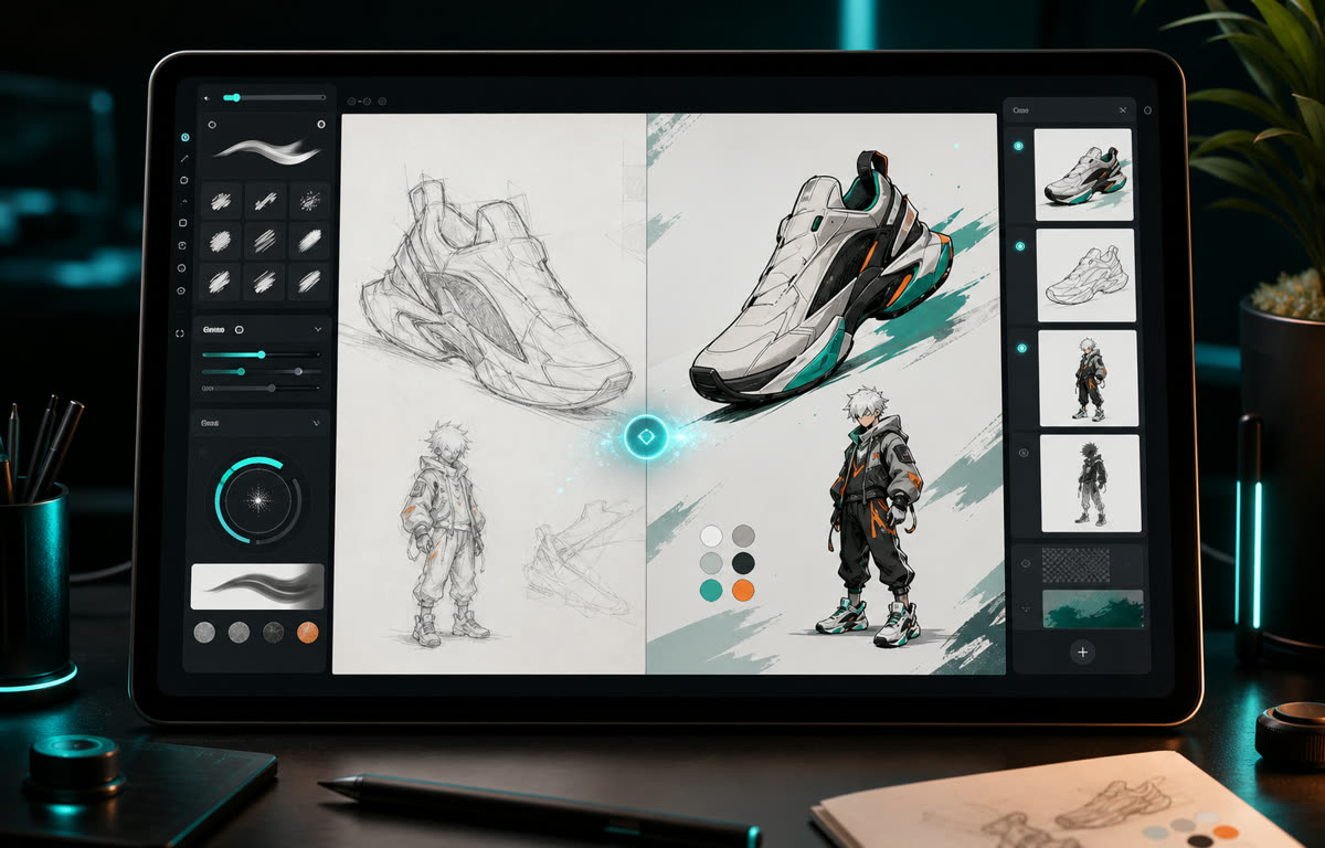 Concept art board comparing a rough pencil sneaker and character sketch with refined ink and colour versions