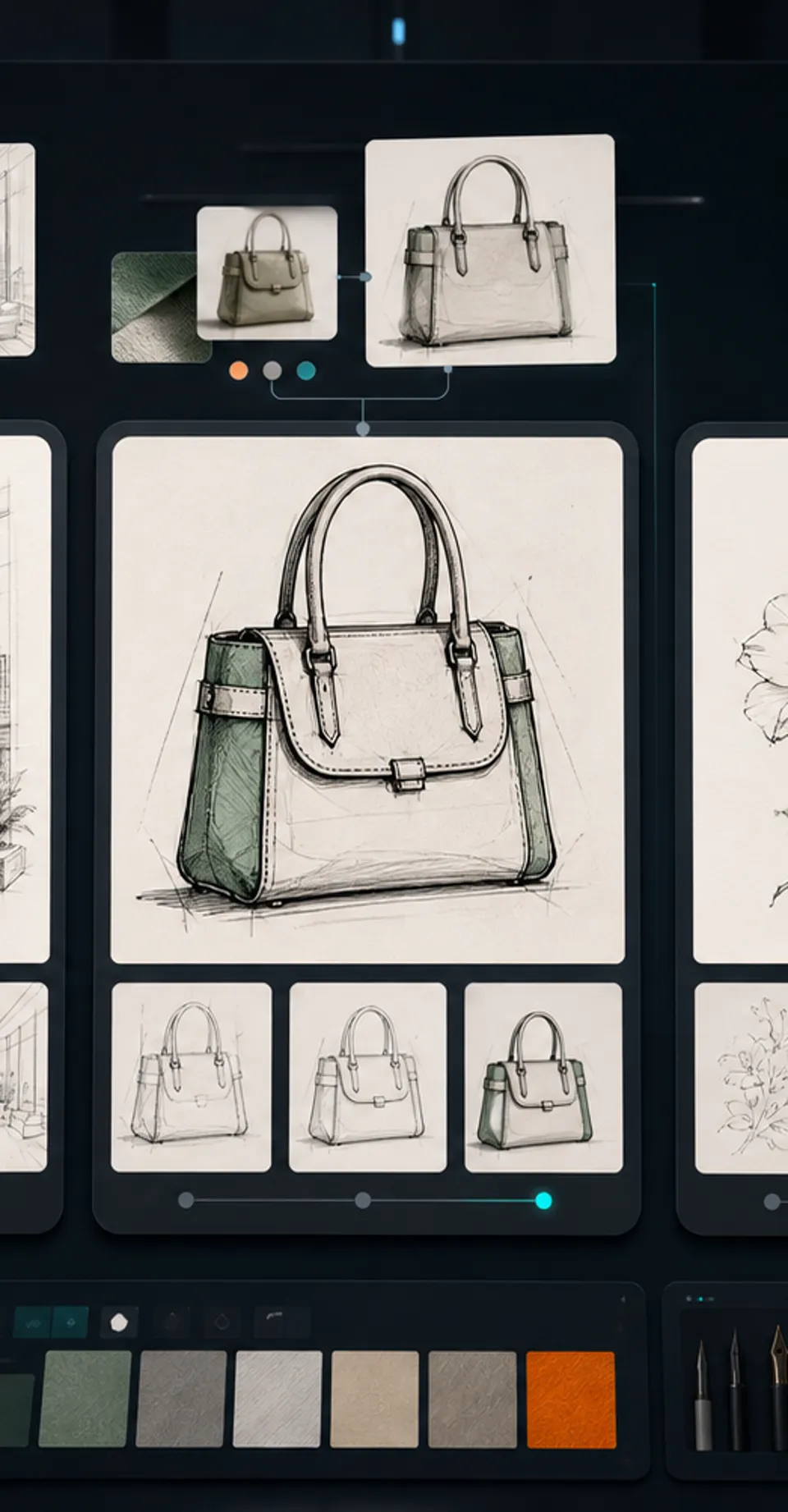 Handbag product-design sketch with construction lines and restrained grey-green marker shading